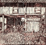 tracrouge  'Tractor shed' , woodcut size 18 x 18 cm - printed in relief on handmade M Green paper.